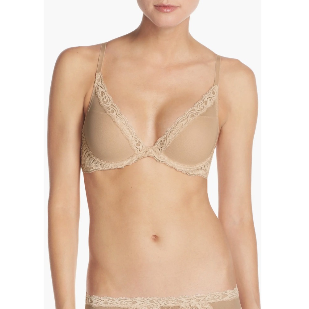 NEW $72 NATORI‎ [ 36G US ] Feathers Plunge Mesh Bra in Cafe Nude U1626